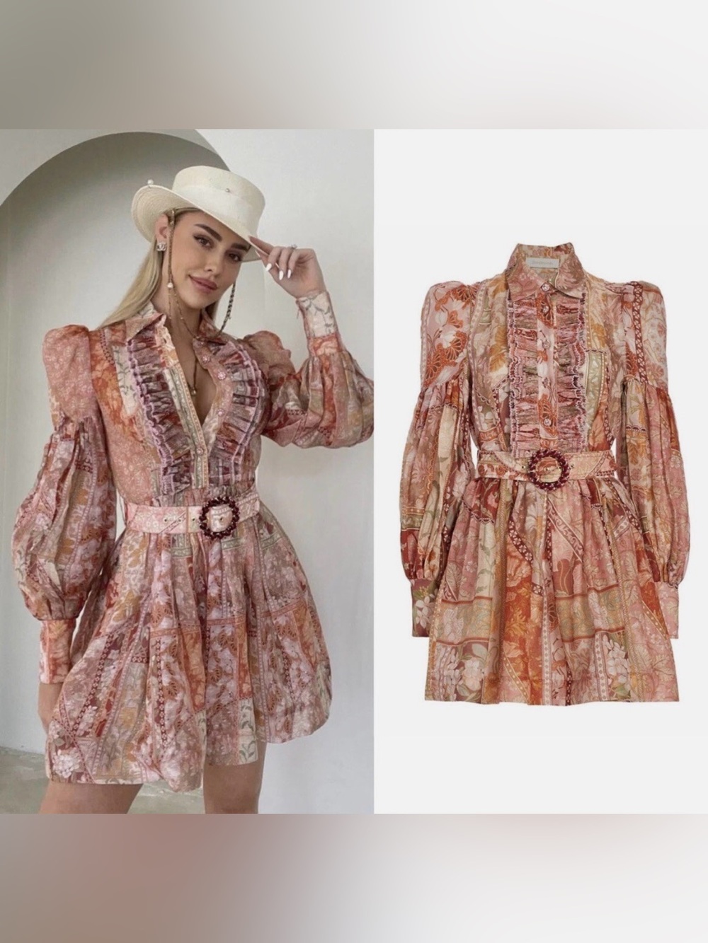 ZIMMERMANN Floral Ruffled Button-Front Tuxedo Dress with Balloon Sleeves